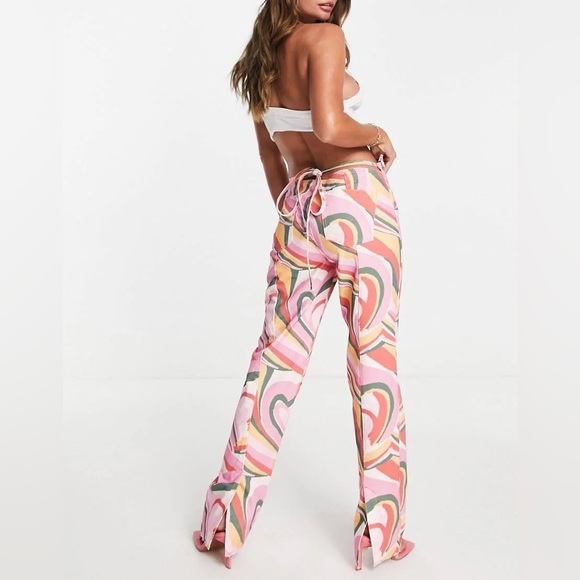 River Island NWT 90s tie back straight jeans in pink Heart print Sz 10 Grunge - Picture 2 of 11